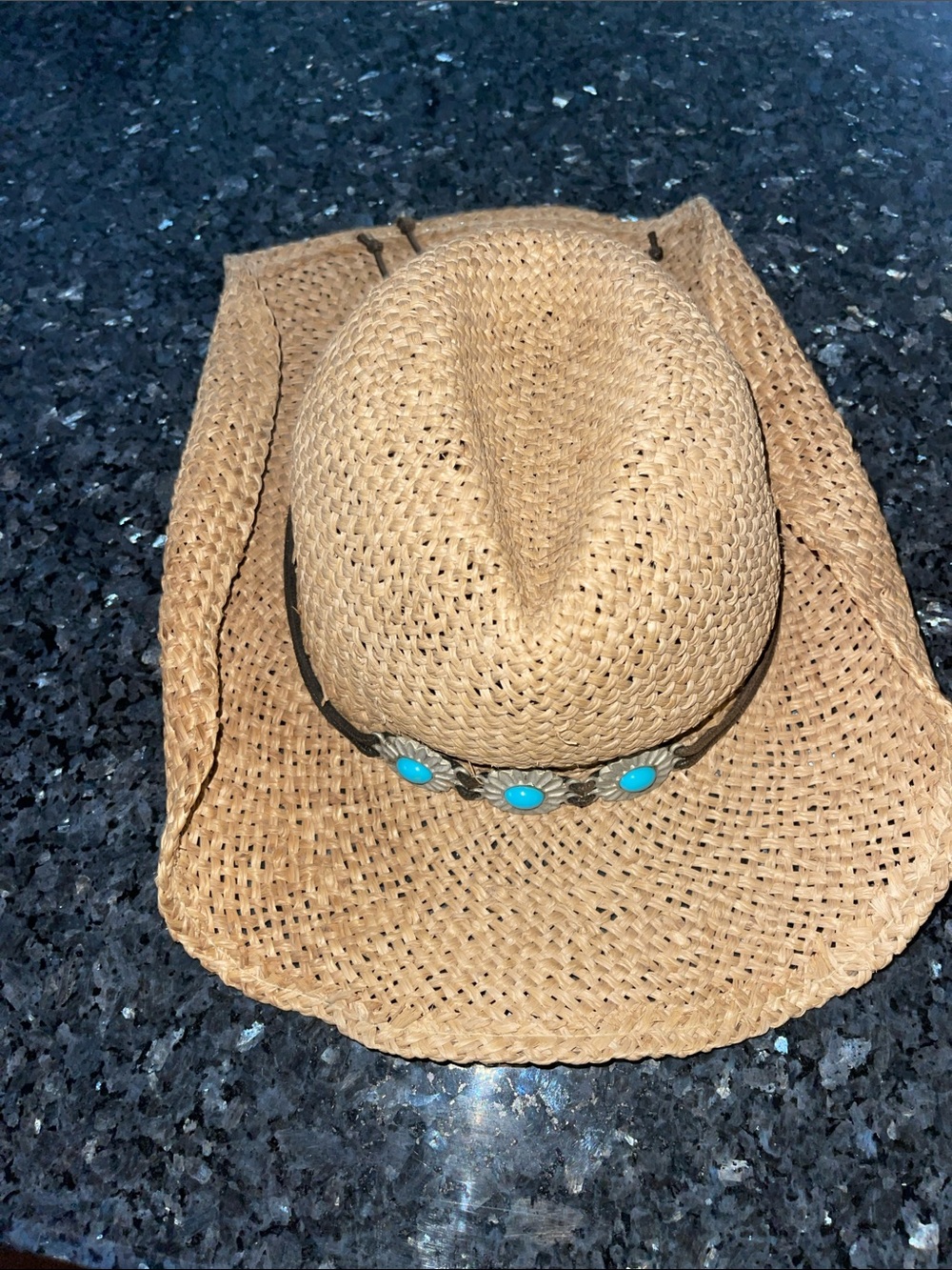 Women's Straw Cowboy Hat with Turquoise Accents - Natural